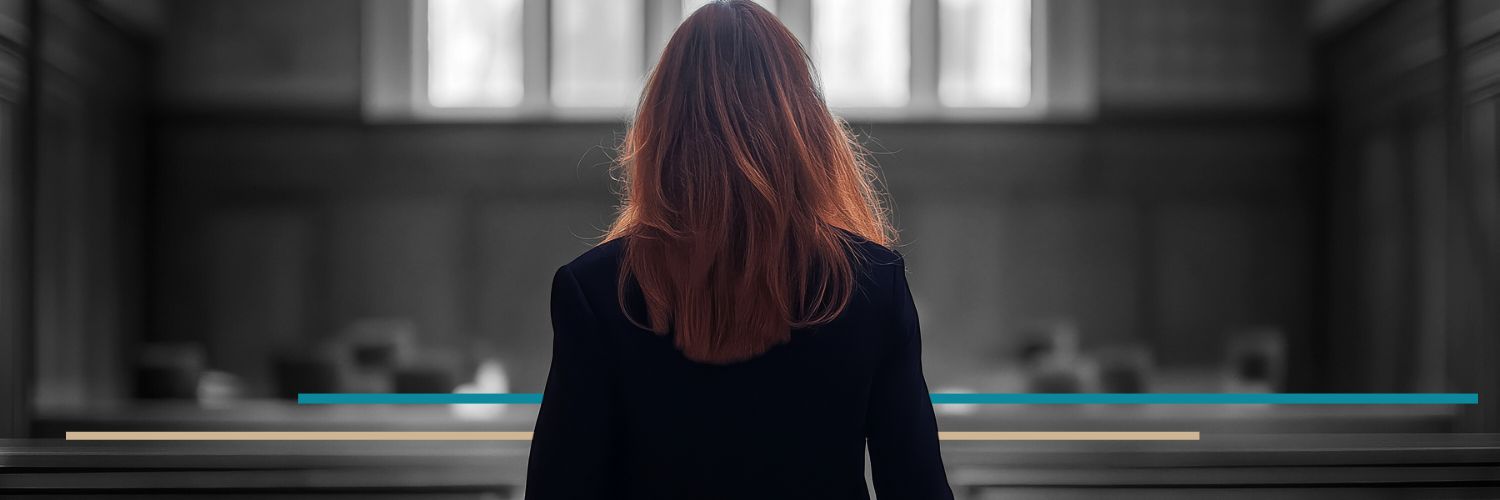 view of courtroom with back of woman walking in