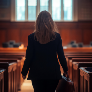 view behind a woman walking into a courtroom