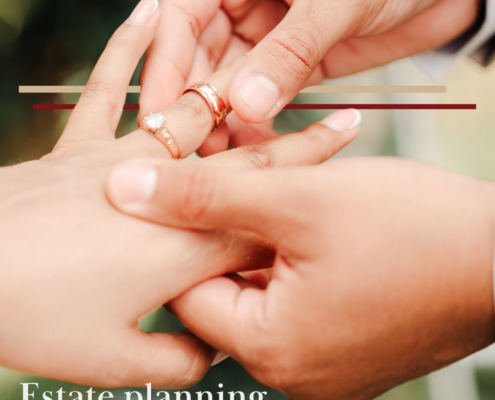 man putting wedding ring on woman's left hand
