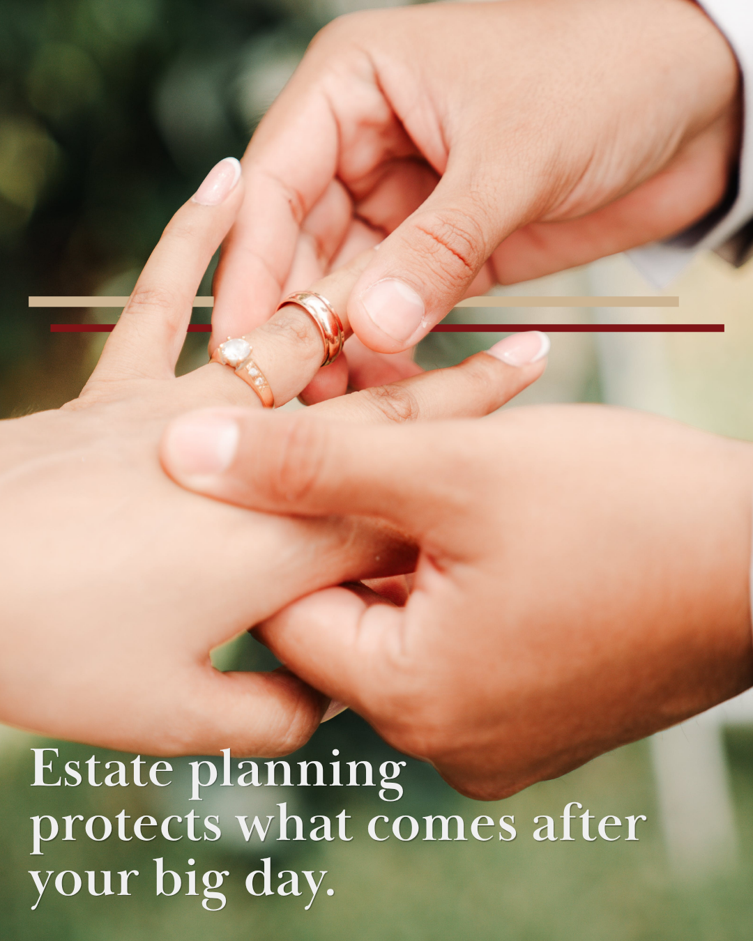 man putting wedding ring on woman's left hand
