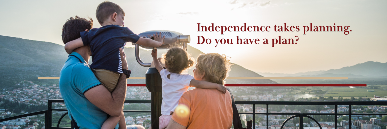 blog post banners independenc A family of 4 including a father and 2 preschool aged children with their grandmother looking through binoculars over a city in the distance at sunset